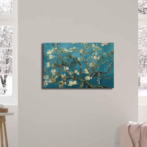 Tablou decorativ Re-Bloom, model flori de cires, panza/lemn, albastru/alb/verde, 70 x 45 cm - Img 2