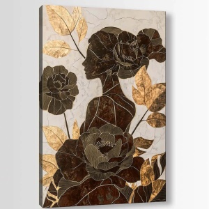 Tablou decorativ Re-Bloom, panza/lemn, maro/auriu/gri, 70 x 100 cm