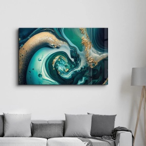 Tablou decorativ Re-Bloom, sticla temperata, albastru/verde/auriu, 70 x 110 cm - Img 3