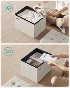 Taburet cu spatiu de depozitare Songmics, catifea/MDF, crem, 31 x 31 x 41 cm, Resigilat, Grad A - Img 2