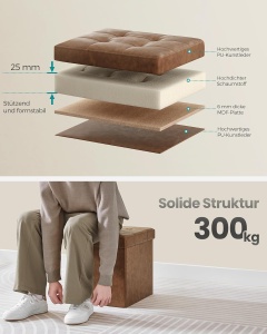 Taburet cu spatiu de depozitare Songmics, MDF/piele PU, maro, 38 x 38 x 38 cm, Resigilat, Grad A - Img 5