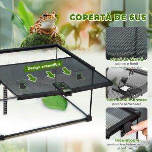 Terariu pentru reptile, cu incuietoare si usa pentru hranire, sticla/plasa metalica, negru, 50 x 30 x 25 cm, Resigilat, Grad A - Img 5