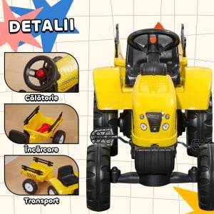 Tractor de pedalat pentru copii cu remorca, metal/plastic, 133x42x51 cm, scaun 18.5x20cm/28cm inaltime, capacitate 35kg, varsta 3+ ani, grebla + lopata + claxon incluse, galben/negru - Verificat A · Re-Bloom - Img 6