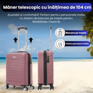 Troler cabina avion, Model Line, 4 roti duble cu rotatie 360°, maner telescopic, cifru, 55 x 36 x 20 cm, ABS, roz pudrat, Resigilat, Grad A - Img 4