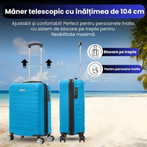 Troler cabina avion Re-bloom, Model Line, 4 roti duble cu rotatie 360°, maner telescopic, cifru, 55 x 36 x 20 cm, ABS, turcoaz, Resigilat, Grad A - Img 4
