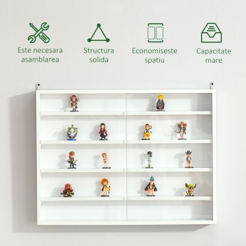 Vitrina suspendata de perete 80x9.5x60 cm, 5 rafturi reglabile, 2 usi glisante sticla, PAL, pentru figurine si parfumuri, alb - Verificat A · Re-Bloom - Img 5