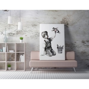 Wallxpert tablou decorativ canvas inspirat Banksy, 50x70 cm, 50% bumbac/50% poliester, imprimare digitala, cadru lemn 2x3 cm, alb/gri - Verificat A · Re-Bloom - Img 4
