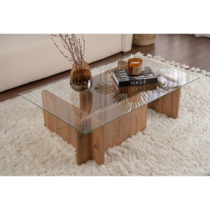 Woody Fashion масичка за кафе „Габриел“, безопасно стъкло, рамка от ПДЧ, 105x30x65 см, кафяво/прозрачно – Проверено A · Re-Bloom - Img 2
