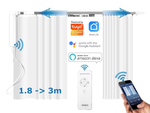 Set complet sina draperii inteligente smart extensibila 1.8-3m Silent Track, draperii electrice, motor inteligent smart MP82 WiFi, draperie electrica, control din app mobila Tuya, control telecomanda BT, RAEX18-3