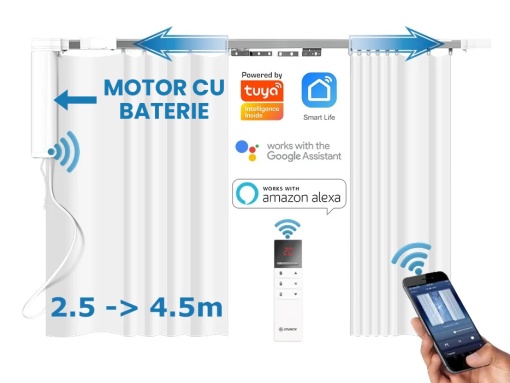 Set complet sina draperii inteligente smart extensibila 2.5-4.5m Silent Track cu acumulator, sina motorizata, draperii electrice, motor inteligent smart WiFi, draperie electrica, control din app mobila Tuya, control telecomanda, RAEX25-45B