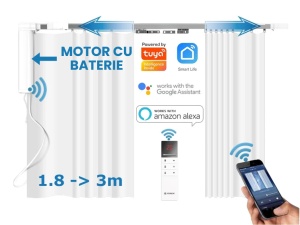 Set complet sina draperii inteligente smart extensibila 1.8-3m Silent Track cu acumulator, sina motorizata, draperii electrice, motor inteligent smart WiFi, draperie electrica, control din app mobila Tuya, control telecomanda, RAEX18-3B - Img 1