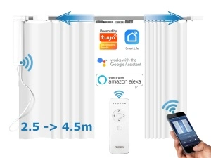 Set complet sina draperii inteligente smart extensibila 2.5-4.5m Silent Track, draperii electrice, motor inteligent smart MP82 WiFi, control din app mobila Tuya, draperie electrica, control telecomanda BT, RAEX25-45-2