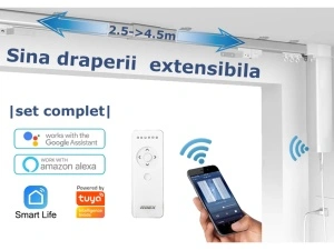 Set complet sina draperii inteligente smart extensibila 2.5-4.5m Silent Track, draperii electrice, motor inteligent smart MP82 WiFi, control din app mobila Tuya, draperie electrica, control telecomanda BT, RAEX25-45-2 - Img 2