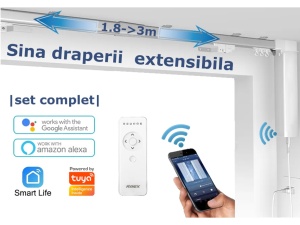 Set complet sina draperii inteligente smart extensibila 1.8-3m Silent Track, draperii electrice, motor inteligent smart MP82 WiFi, draperie electrica, control din app mobila Tuya, control telecomanda BT, RAEX18-3 - Img 2