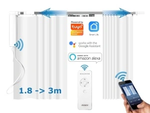 Set complet sina draperii inteligente smart extensibila 1.8-3m Silent Track, draperii electrice, motor inteligent smart MP82 WiFi, draperie electrica, control din app mobila Tuya, control telecomanda BT, RAEX18-3