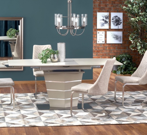 MASA DINING EXTENSIBILA SORENTO, BEJ MAT/CROM, 140/180 CM, BLAT DIN STICLA, MDF SI PICIOR DIN METAL, STIL MODERN