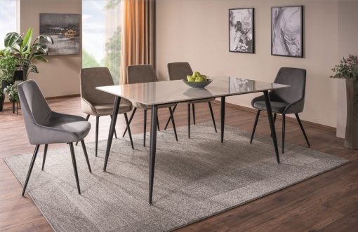 MASA DINING RION, 160 CM, EFECT DE MARMURA ALBA/NEGRU MAT, BLAT DIN CERAMICA SI PICIOARE DIN METAL, STIL MODERN