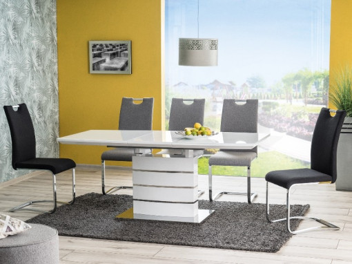 MASA EXTENSIBILA LEONARDO, 140/180 CM, ALB/CROM, DIN MDF, STICLA SECURIZATA SI METAL, STIL MODERN