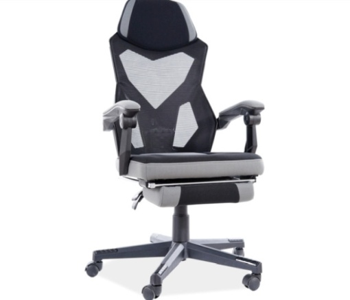 SCAUN DE BIROU PIVOTANT Q-939, CU SUPORT PENTRU PICIOARE, GRI/NEGRU, TAPITERIE DIN STOFA SI PLASA SI PICIOR DIN METAL, STIL MODERN