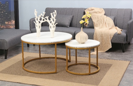 SET 2 MASUTE DE CAFEA DION, 48/80 CM, EFECT DE MARMURA ALBA/AURIU, BLAT DIN PAL LAMINAT SI CADRU DIN METAL, STIL MODERN