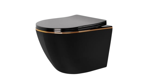 VAS DE TOALETA SUSPENDAT REA CARLO MINI RIMLESS DUROPLAST FLAT EDGE, NEGRU/AURIU, DIN CERAMICA, CALITATE SUPERIOARA