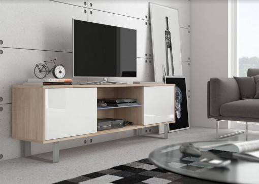 COMODA TV ALB/STEJAR CU LED SI TELECOMANDA KING 2 - DESIGN MODERN