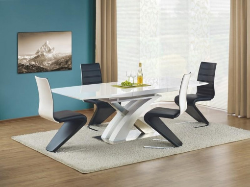 MASA DINING EXTENSIBILA SANDOR, ALB/CROM, 160/220 CM, BLAT DIN MDF SI PICIOARE DIN METAL, STIL MODERN, HALMAR