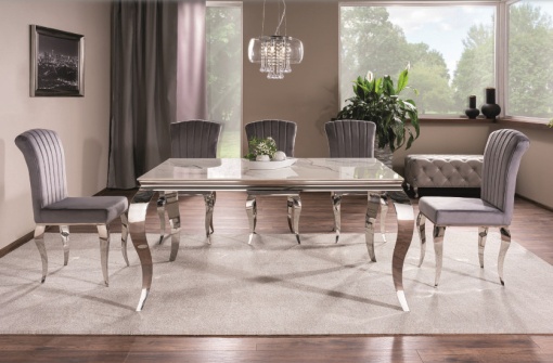 MASA DINING PRINCE, EFECT DE MARMURA ALBA/CROM, 150 CM, BLAT DIN CERAMICA SI PICIOARE DIN METAL, STIL MODERN