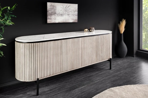 BUFET LIVING 170CM, ADLON, ALB/GRI, DIN LEMN MASIV DE MANGO, BLAT DE MARMURA SI METAL