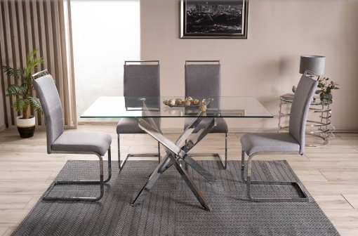 MASA DINING AGIS II, 140 CM, TRANSPARENT/CROM, BLAT DIN STICLA SECURIZATA SI METAL, STIL MODERN