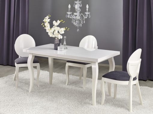 MASA DINING EXTENSIBILA MOZART, ALBA, 140/180 CM, BLAT DIN MDF SI PICIOARE DIN LEMN MASIV, STIL CLASIC