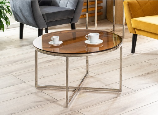 MASUTA DE CAFEA CRYSTAL A, 80 CM, CHIHLIMBAR/CROM, BLAT DIN STICLA SECURIZATA SI CADRU DIN METAL, STIL MODERN