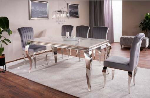 MASA DINING PRINCE, EFECT DE MARMURA ALBA/CROM, 180 CM, BLAT DIN CERAMICA SI PICIOARE DIN METAL, STIL MODERN