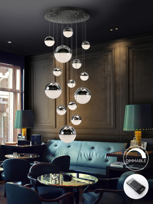 LUSTRA/PLAFONIERA SPHERE, CU TELECOMANDA, 60 CM, CROM/TRANSPARENT, DIN METAL SI POLICARBONAT, STIL MODERN