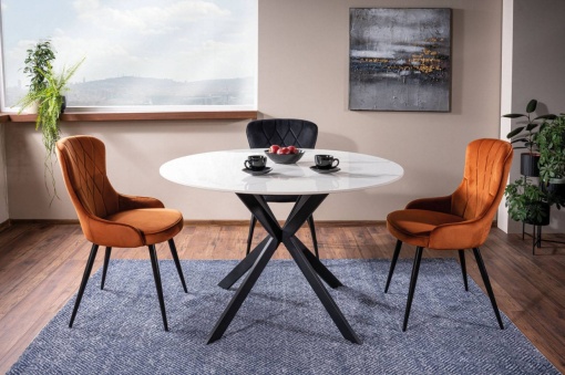 MASA LIVING/DINING TALIA, 120 CM, EFECT DE MARMURA ALBA/NEGRU, BLAT DIN CERAMICA SI PICIOARE DIN METAL, STIL MODERN