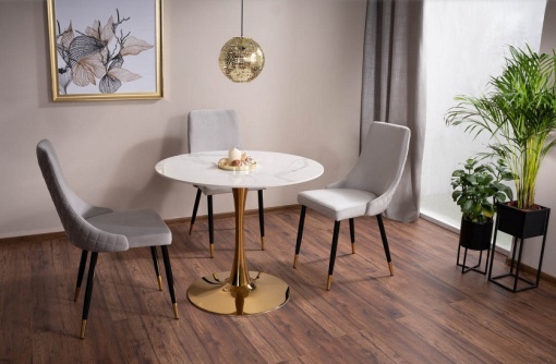 MASA DINING/LIVING ESPERO, 90 CM, EFECT DE MARMURA ALBA/AURIU, BLAT DIN CERAMICA SI PICIOR DIN METAL, STIL MODERN