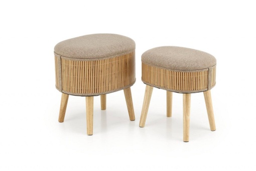 SET 2 TABURETI TICO, CU SPATIU DE DEPOZITARE, BEJ/NATURAL, TAPITERIE DIN STOFA SI PICIOARE DIN LEMN MASIV, STIL MODERN