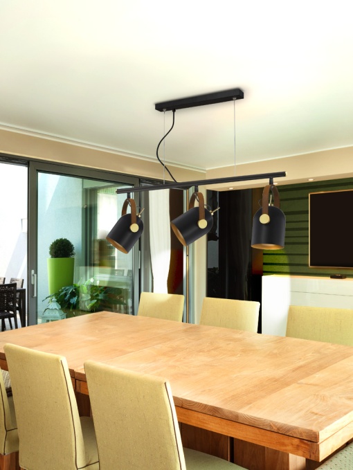 LUSTRA/PLAFONIERA ADAME, 71 CM, NEGRU MAT/AURIU, DIN METAL SI PIELE ECOLOGICA, STIL MODERN