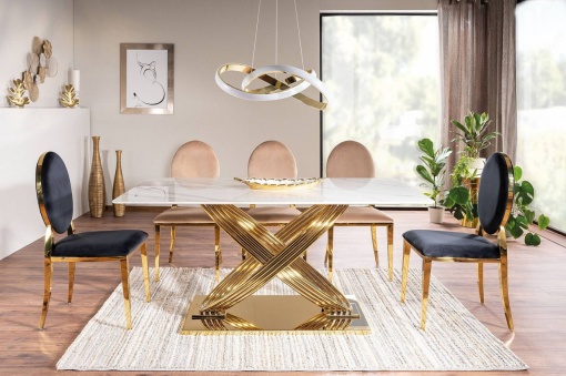 MASA DINING HERMES, 160 CM, EFECT DE MARMURA ALBA/AURIU, BLAT DIN CERAMICA SI PICIOARE DIN METAL , STIL MODERN