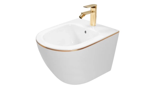 VAS BIDEU REA CARLO MINI EDGE SUSPENDAT, ALB/AURIU, DIN CERAMICA, CALITATE SUPERIOARA
