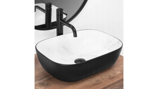 LAVOAR REA BELINDA, CALALA, 47 CM, EFECT DE MARMURA ALBA/NEGRU MAT, DIN CERAMICA, CALITATE SUPERIOARA