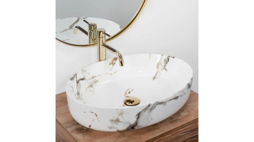 LAVOAR REA QUEEN, CARRARA SHINY, 55 CM, EFECT DE MARMURA ALBA, DIN CERAMICA, CALITATE SUPERIOARA