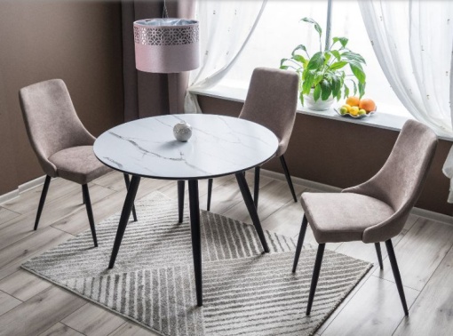 MASA DINING/LIVING IDEAL, 100 CM, EFECT DE MARMURA ALBA/NEGRU, BLAT DIN MDF, STICLA SECURIZATA SI METAL, STIL MODERN