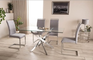 MASA DINING AGIS II, 140 CM, TRANSPARENT/CROM, BLAT DIN STICLA SECURIZATA SI METAL, STIL MODERN - Img 2