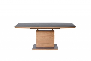 MASA DINING EXTENSIBILA CONCORD, STEJAR AURIU/GRI, 140/180 CM, BLAT DIN STICLA, MDF SI PICIOR DIN METAL, STIL MODERN - Img 6
