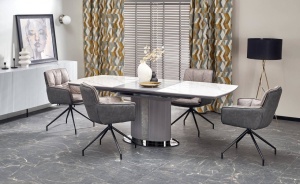 MASA DINING EXTENSIBILA DANCAN, CU EFECT DE MARMURA ALBA/GRI/NEGRU, 160/220 CM, DIN CERAMICA SI METAL, STIL MODERN - Img 1