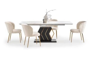 MASA DINING EXTENSIBILA VINCENZO, ALB CU EFECT DE MARMURA/NEGRU/AURIU, 160/200 CM, DIN MDF LACUIT SI METAL, STIL MODERN - Img 6