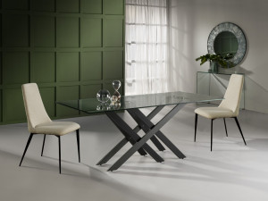 MASA DINING TAIMA, 180 CM, NEGRU MAT/GRI MAT/TRANSPARENT, BLAT DIN STICLA SI PICIOARE DIN METAL, STIL MODERN - Img 1