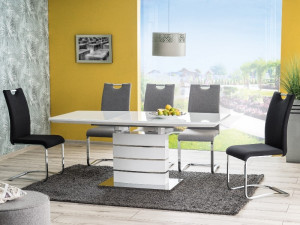 MASA EXTENSIBILA LEONARDO, 140/180 CM, ALB/CROM, DIN MDF, STICLA SECURIZATA SI METAL, STIL MODERN - Img 1