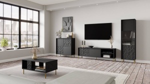 COMODA LIVING BULLET KM-1, 155X73 CM, NEGRU/AURIU, MDF LAMINAT, PAL SI METAL, STIL MODERN - Img 4